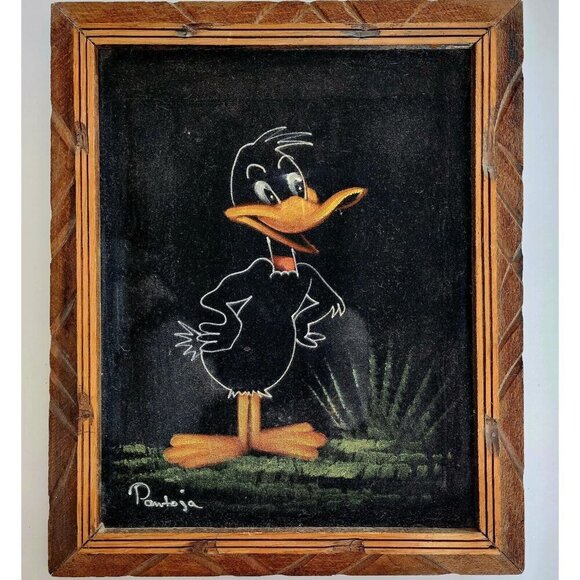 Daffy Duck Pantoja Original Signed Painting Velvet Framed c1970s 16.5x13.5" SS - Picture 3 of 6